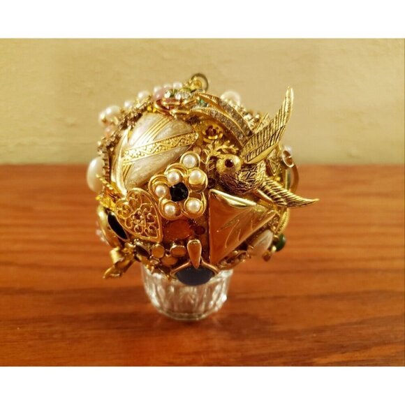 Unique Jeweled Holiday Ornament Bird Floral Christmas Handcrafted Vintage Jewels - Picture 4 of 7